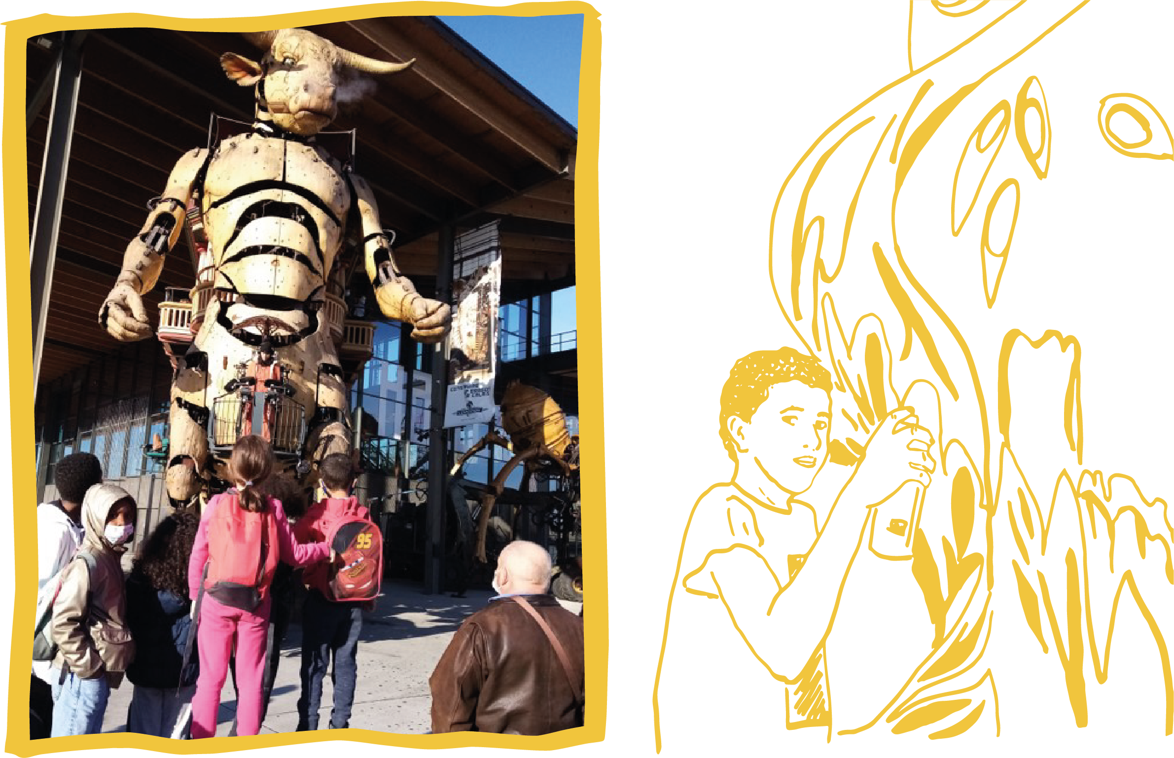 Sur la gauche du visuel une photo du minautore de la Halle des machines avec des enfants à ses pieds. Sur la droite, un dessin au trait d'une enfant en train de faire un tag à la bombe de peinture sur un mur.