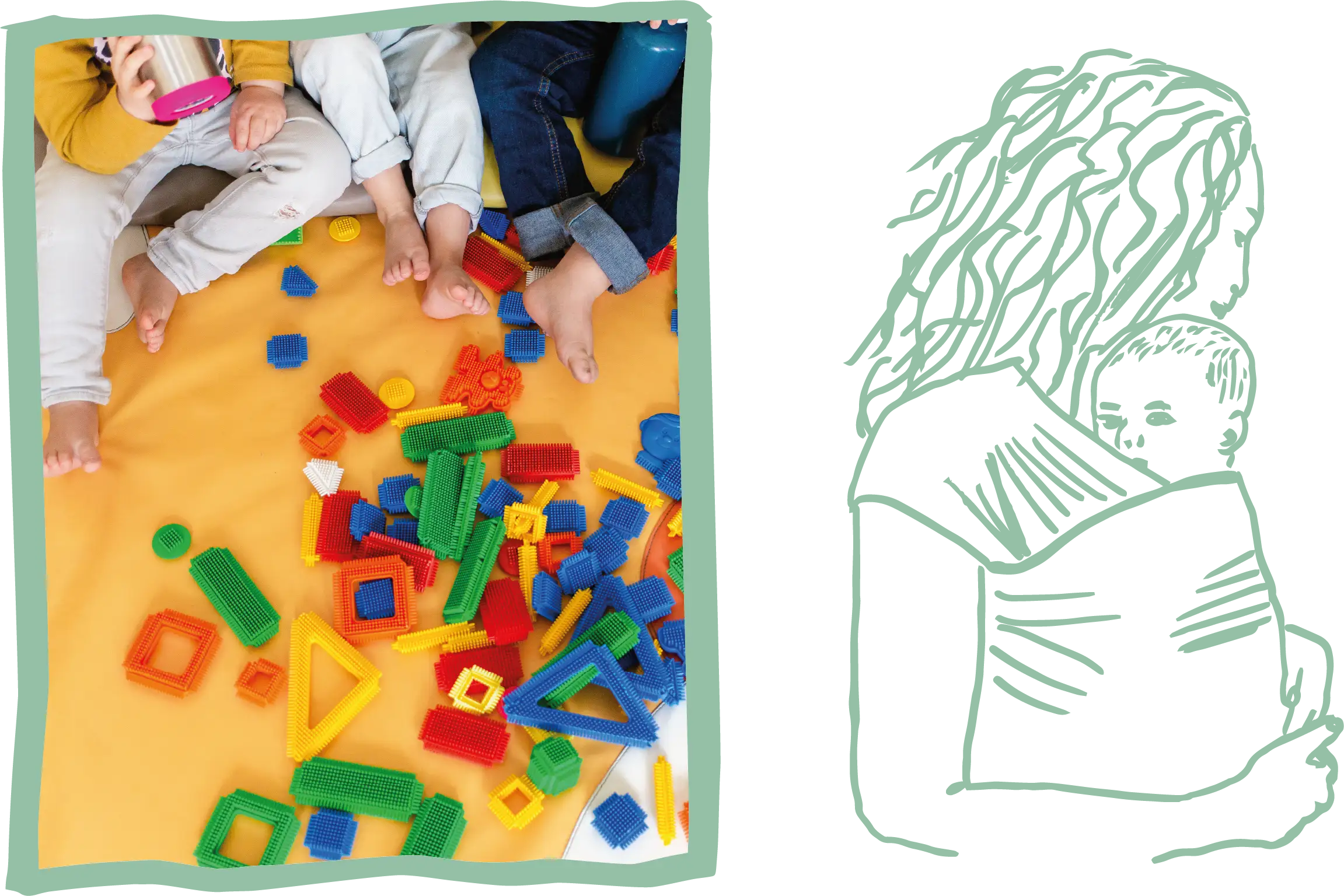 Sur la gauche du visuel une photo avec des jeux de constructions très colorés au sol, entourés de pieds d'enfants. Sur la droite un dessin au traint vert d'eau d'une personne portant un bébé dans une écharpe.