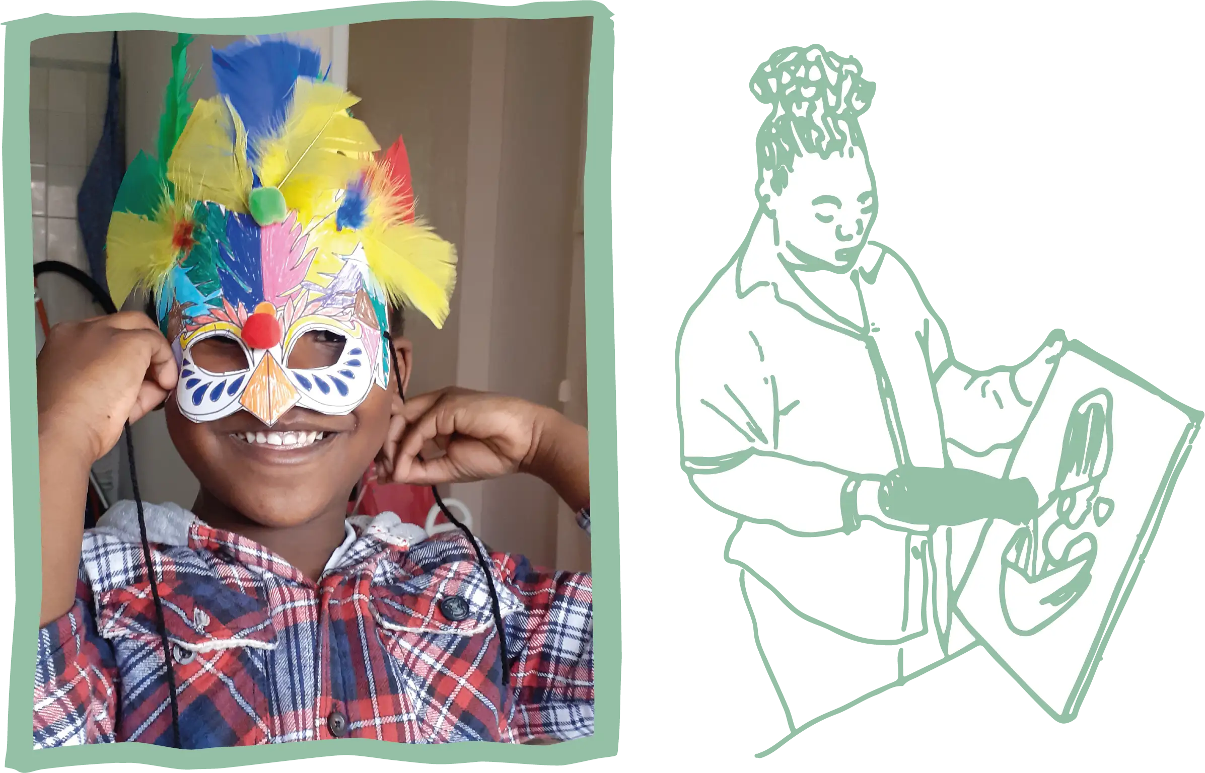 Sur la gauche du visuel une photo d'un enfant qui sourrit avec un masque à plumes. Sur la droite un dessin au trait vert d'eau d'une personne en train de sécher une toile de peinture avec un sèche cheveux.