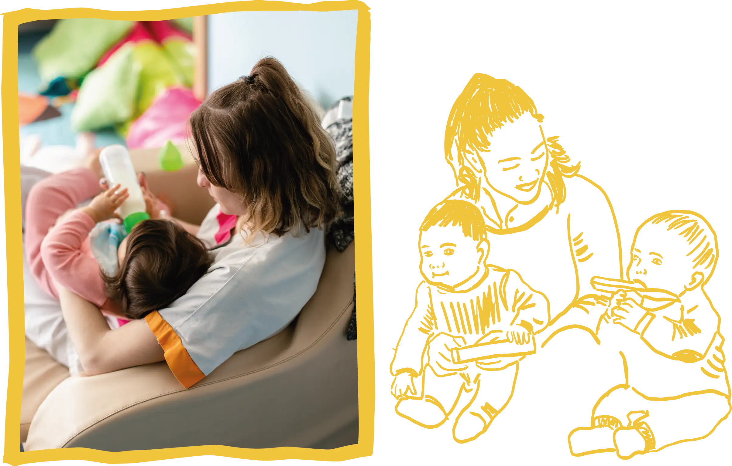 Sur la gauche du visuel, une photo d'une professionnelle donnant le biberon à un enfant. Sur la droite un dessin au trait jaune d'une professionnelle avec un bébé sur les genoux et un autre à coté d'elle. Il sont tous les trois assis par terre.