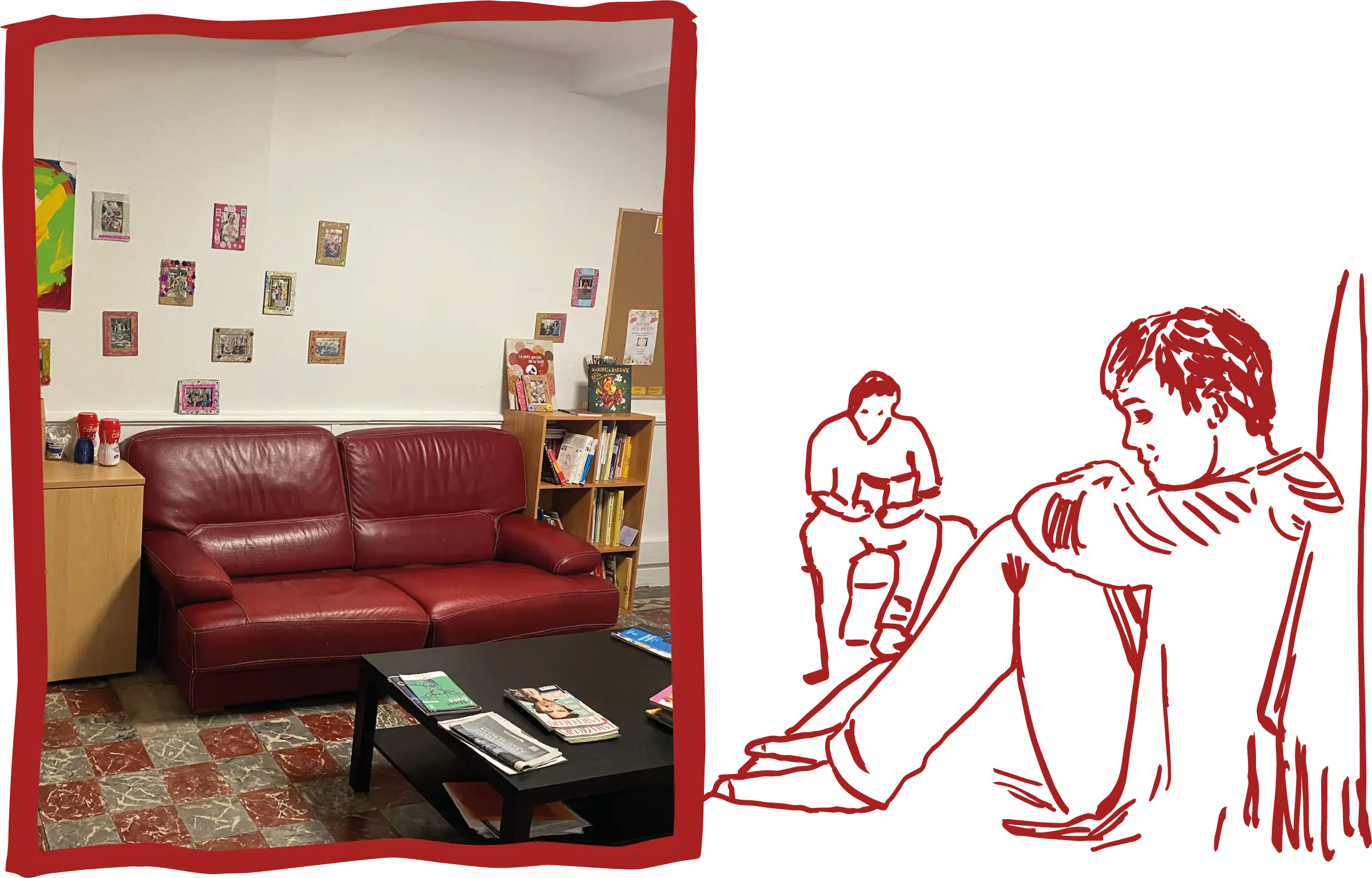 Sur la gauche une photo d'une pièce avec un canapé rouge et une table basse. Sur la droite un dessin au trait rouge d'une personne assise sur son lit, la tête posée sur ses genoux.