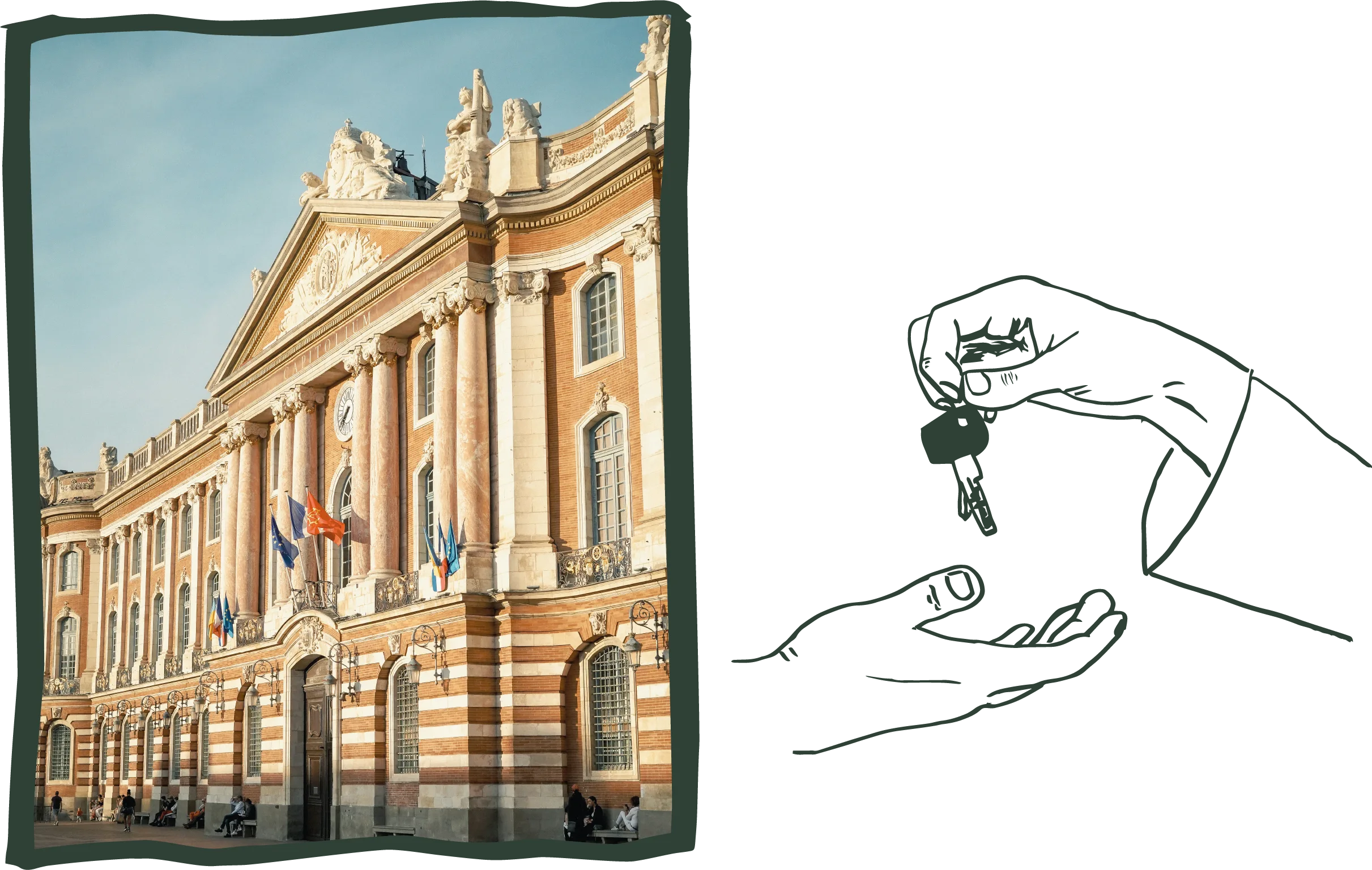 Sur la gauche une photo de la façade du capitole à toulouse. Sur la droite un dessin vert fonçé d'un échange de clés entre deux mains.