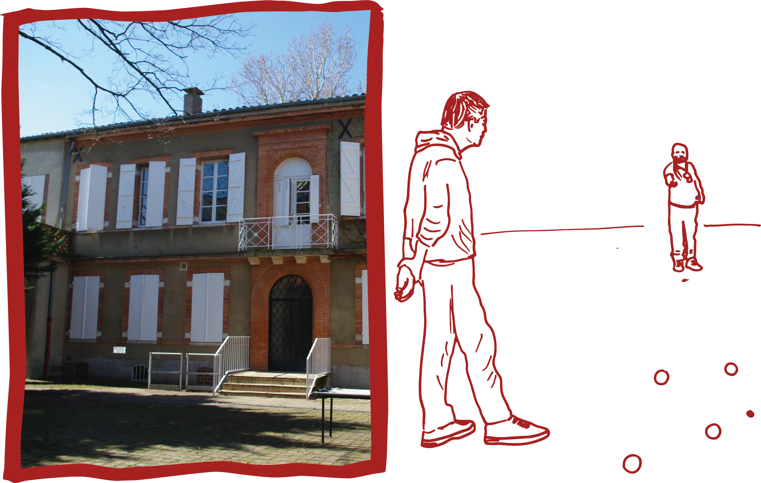 Sur la gauche du visuel, une photo d'une grande bâtisse en brique rouge avec des volets en bois blanc. Sur la droite un dessin au trait de deux hommes en train de jouer à la pétanque.