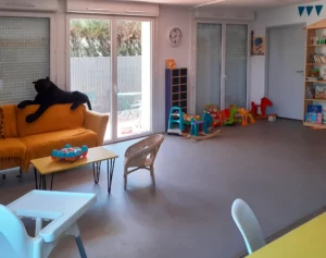 Salle commune du centre départemental d'accueil mères enfants, Sur la gauche canapé orange avec une panthère noire en peluche, baies vitrées en fond de la pièce. Sur la droite deux meuble remplis de jouets d'enfants.